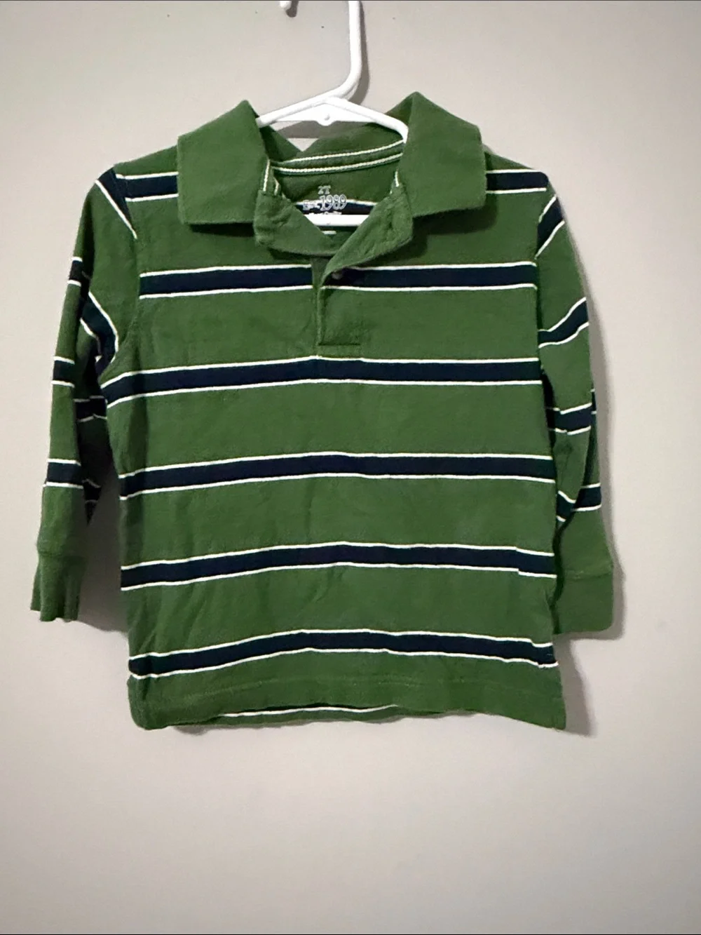 The Children's Place Green Long-Sleeve Striped Polo with Navy & White-Size 2T